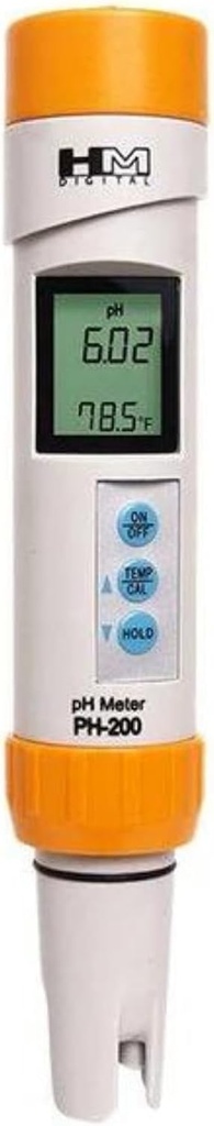 Medidor de pH HM Digital PH-200 resistente al agua, rango de pH de 0 a 14,00, resolución de 0,01 pH, precisión de lectura de +/- 0,02 pH.